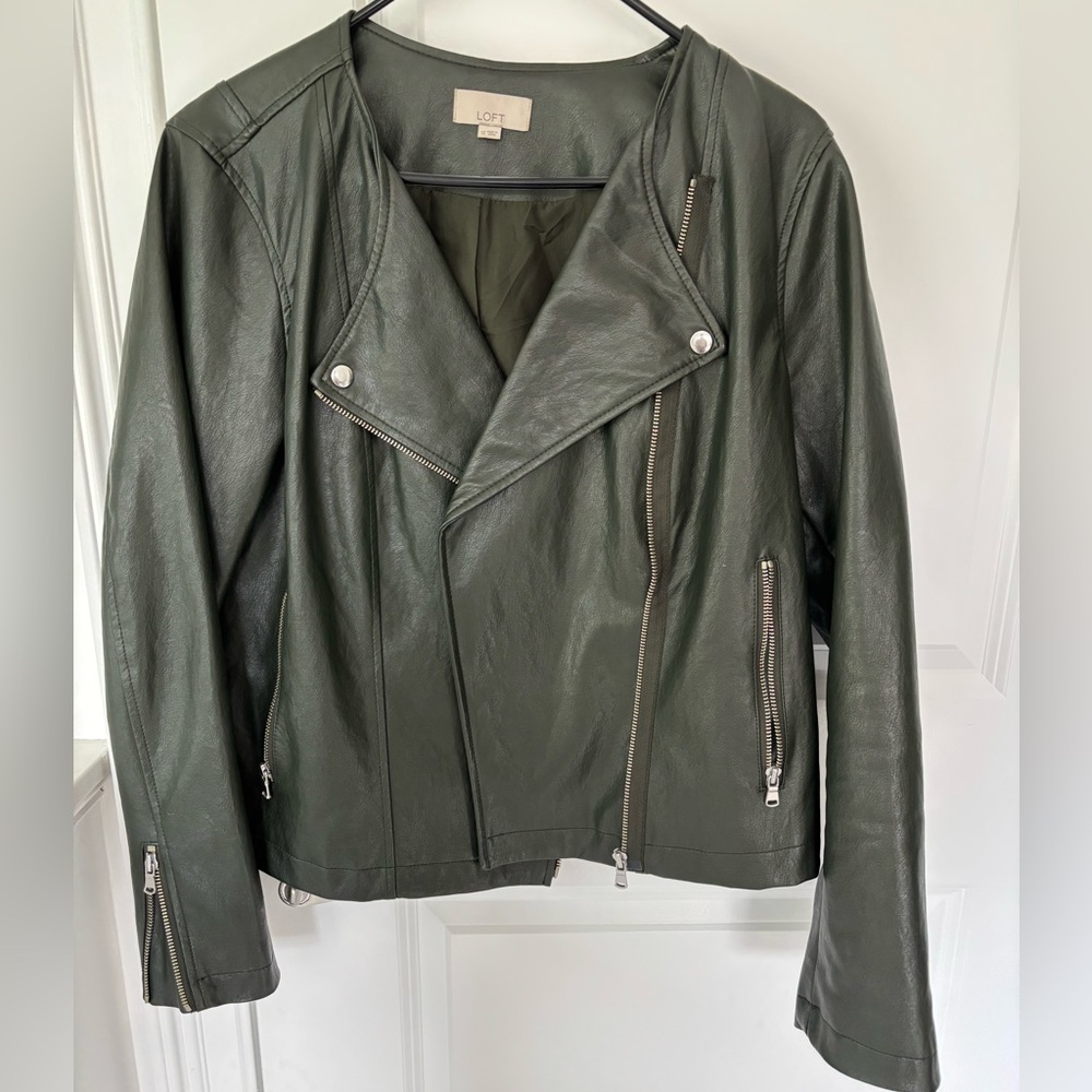 LOFT Women's Dark Green Faux Leather Jacket
